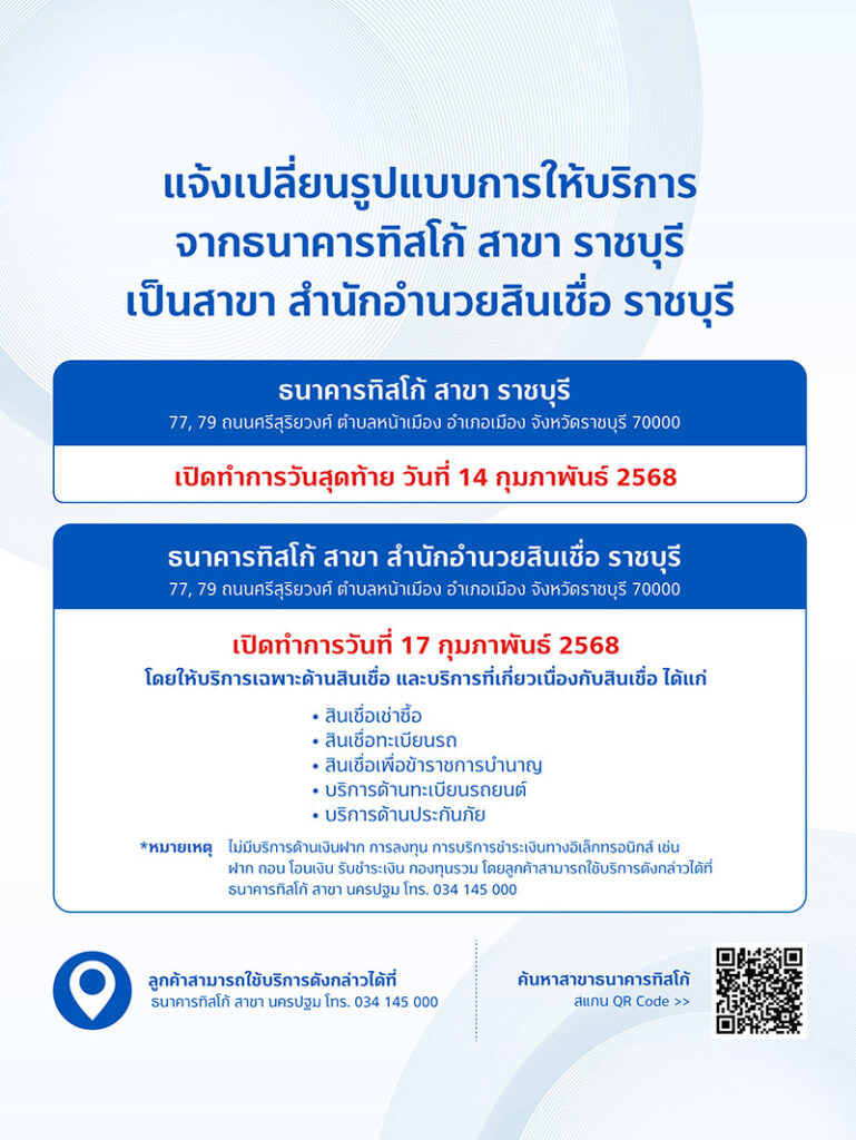 ประกาศแจ้งเปลี่ยนรูปแบบการให้บริการ 6 web สำนักอำนวยสินเชื่อ ราชบุรี 1