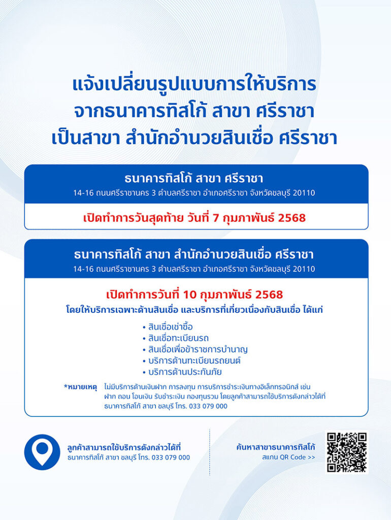ประกาศแจ้งเปลี่ยนรูปแบบการให้บริการ 5 web สำนักอำนวยสินเชื่อ ศรีราชา 1