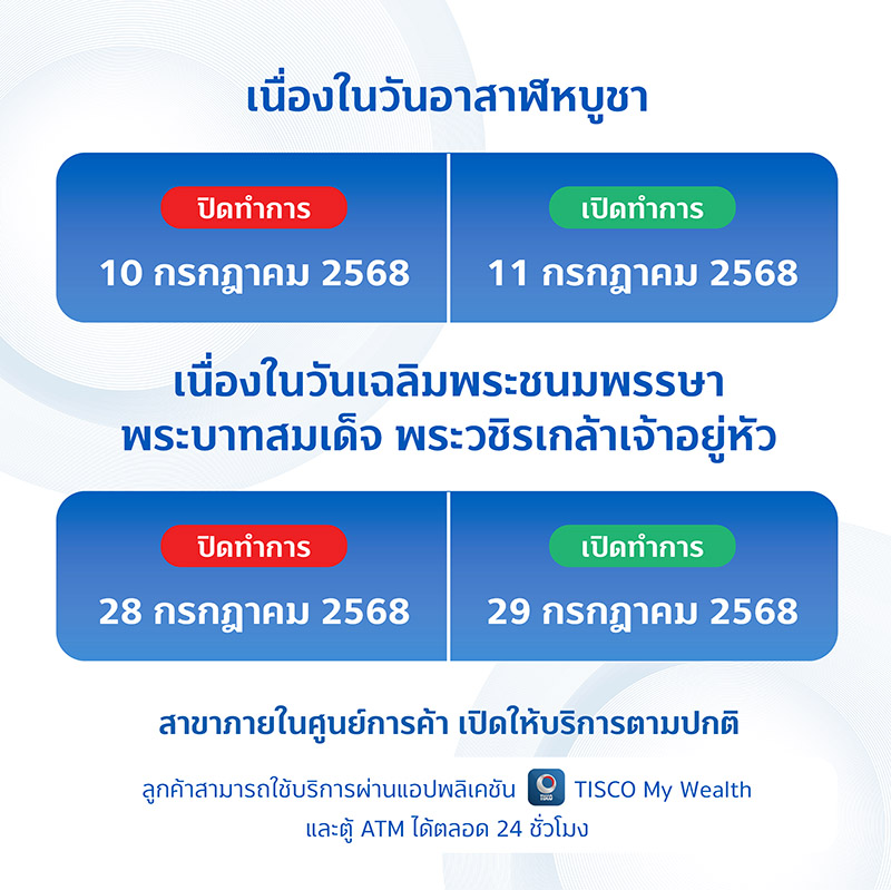 ประกาศวันหยุดทำการสาขา เดือนกรกฎาคม 2568 3 รวมวันหยุดเดือน 6 web FB 10 July 1